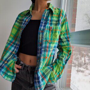 Hollister Co. Plaid Flannel Shirt Green Orange Blue Long Sleeve Heritage Fit